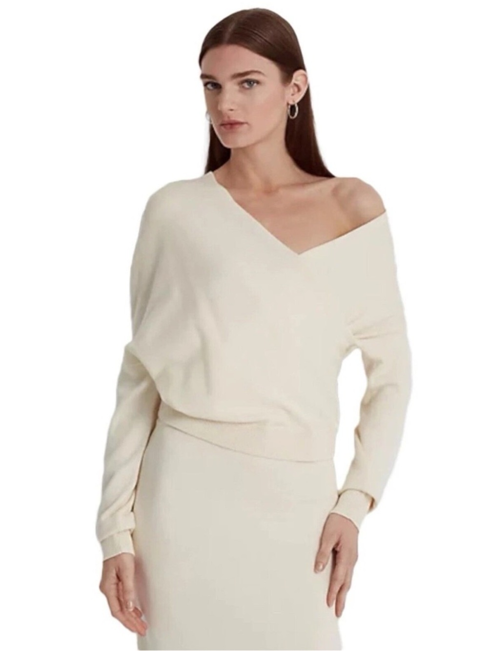 NWT Lauren Ralph Lauren Surplice Asymmetric Winter Cream Cotton Sweater